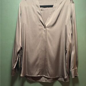 Vince Women's Blouse in Olive Green Silk, Slits on the sides